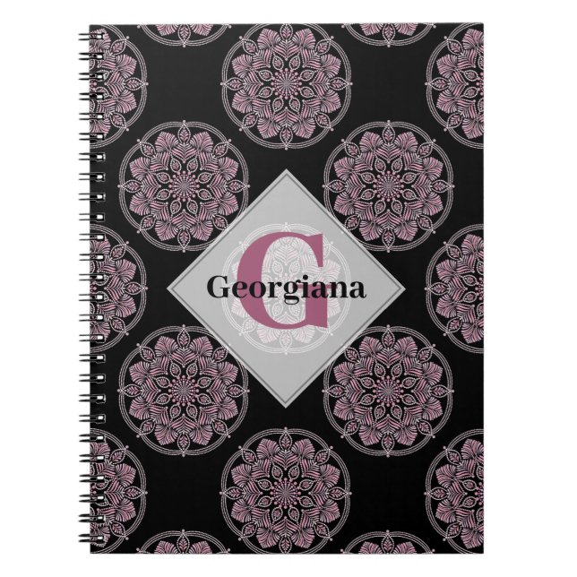 Cuaderno Monogramed Pink Floral Fronds Polka Dot Mandala (Frente)