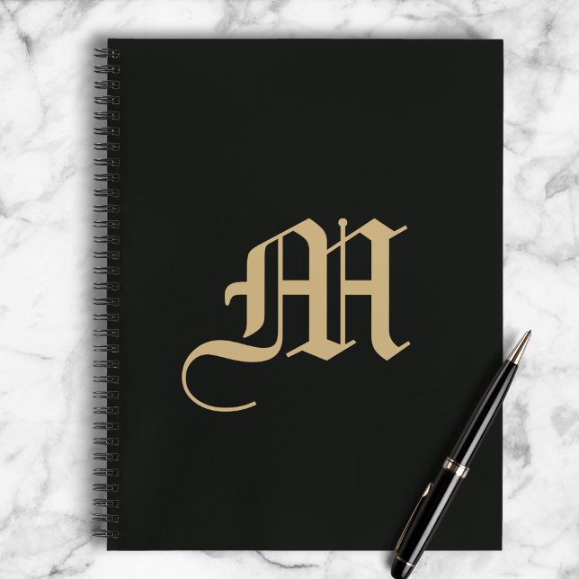Cuaderno Monogrammed Modern Gothic Minimal Black and Gold (Bold gold monogram—your letter, your style.)
