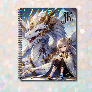 Cuaderno Monogramo de Anime Chica y Dragon Blanco y Oro