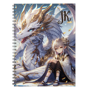 Cuaderno Monogramo de Anime Chica y Dragon Blanco y Oro