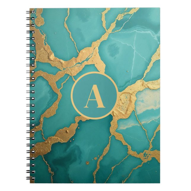 Cuaderno Monogramo Gold y Verde azulado mármol de lujo (Frente)
