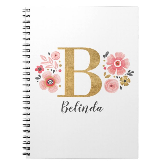 Cuaderno Monogramo Letra rosa oro B Floral inicial (Frente)