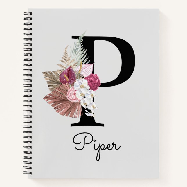 Cuaderno Monogramo Pink Boho Floral Inicial P (Anverso)