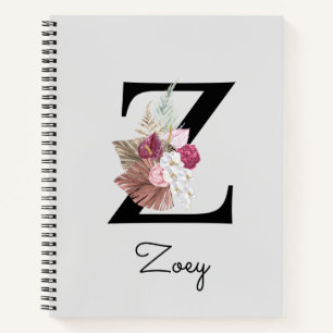 Cuaderno Monogramo Pink Boho Floral Inicial Z