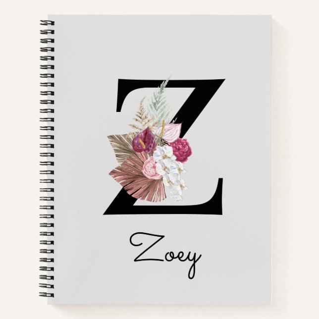 Cuaderno Monogramo Pink Boho Floral Inicial Z (Anverso)