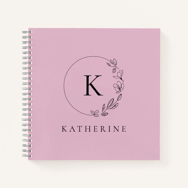 Cuaderno Monogramo rosa personalizado suave Floral floral (Anverso)
