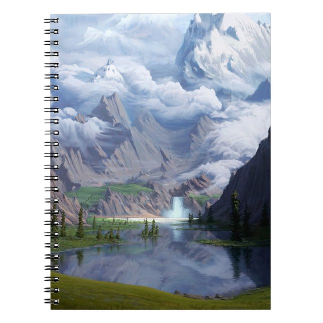 Cuaderno Montañas lago cascada arte digital arte 3D ilustra (Frente)