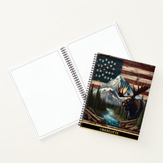 Cuaderno Moose a orillas de un río en una escena patriótica