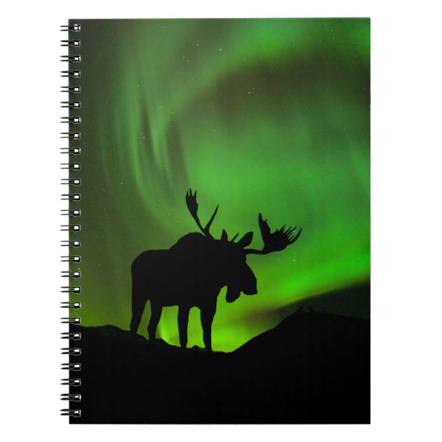 Cuaderno Moose con Green Aurora Borealis, Alaska (Frente)