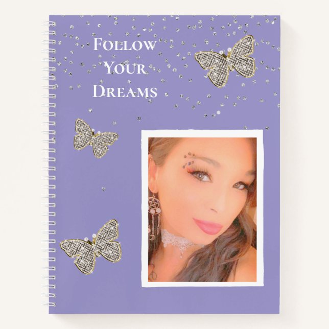 Cuaderno Morada Plata Sparkle Butterflies Su Foto (Anverso)