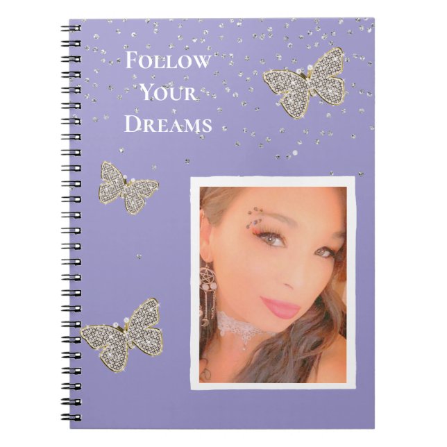 Cuaderno Morada Plata Sparkle Butterflies Su Foto (Frente)