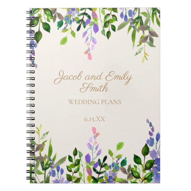 Cuaderno Morado acuarela Floral Verdor Crema Boda (Frente)