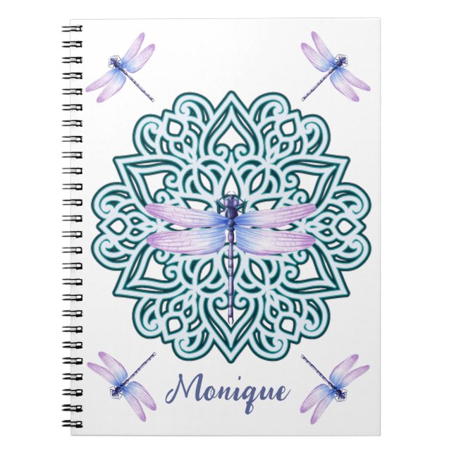 Cuaderno Morado azul personalizado Mandala libélula blanca (Frente)