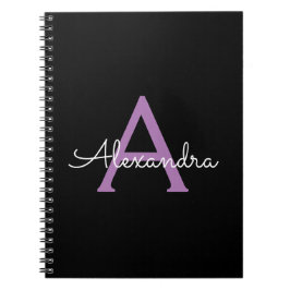 Cuaderno Morado Black Script Girly Monograma Nombre
