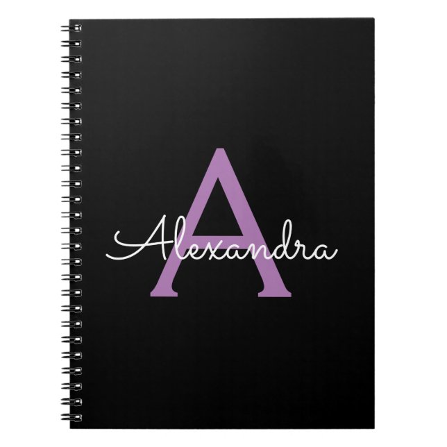 Cuaderno Morado Black Script Girly Monograma Nombre (Frente)