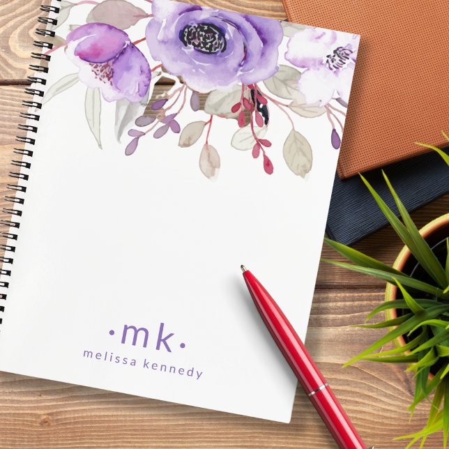 Cuaderno Morado Floral acuarela Nombre personalizado Monogr (Subido por el creador)