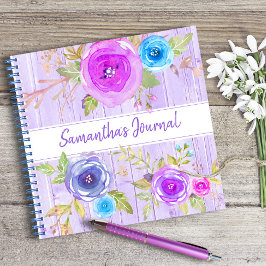 Cuaderno Morado floral acuarela rústico personalizado cuadr
