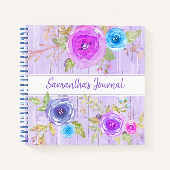 Cuaderno Morado floral acuarela rústico personalizado cuadr (Anverso)