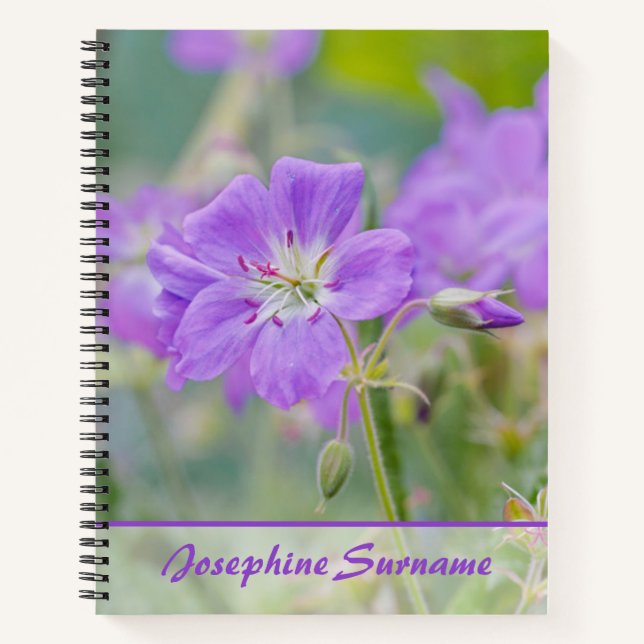 Cuaderno Morado Geranium Wildflower Foto Nombre personaliza (Anverso)