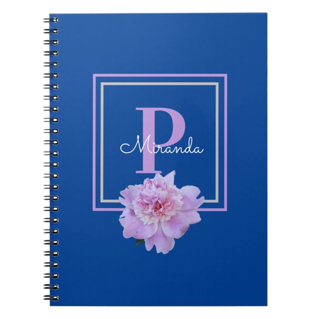 Cuaderno Morado Monograma Rosa Peony Flor azul (Frente)