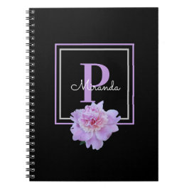 Cuaderno Morado Monograma Rosa Peony Flor Negro