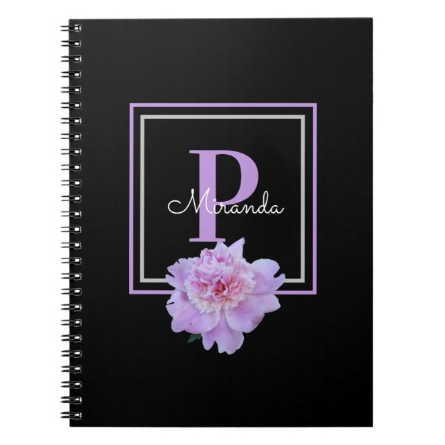 Cuaderno Morado Monograma Rosa Peony Flor Negro (Frente)
