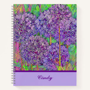 Cuaderno Mosaico de Allium púrpura con acuarela con nombre