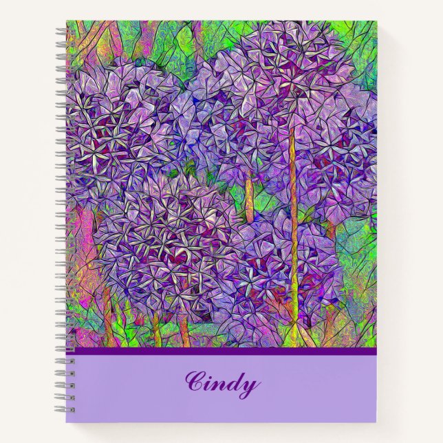 Cuaderno Mosaico de Allium púrpura con acuarela con nombre (Anverso)