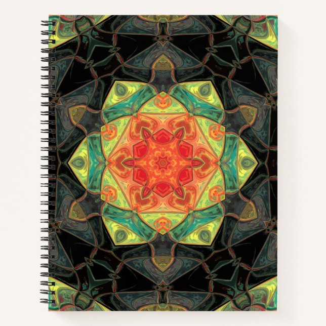 Cuaderno Mosaico Mandala Flor Rojo Amarillo Verde y Negro (Anverso)