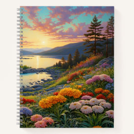 Cuaderno Mountain Lake Flowers Colorful Art