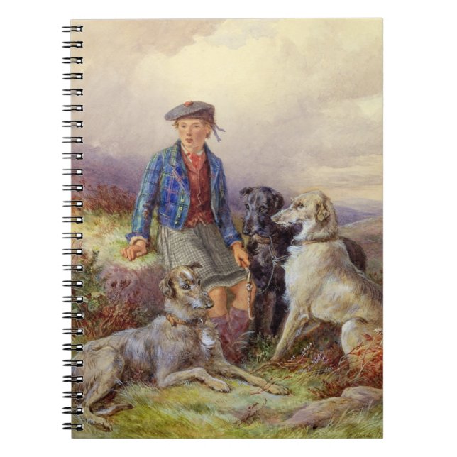 Cuaderno Muchacho escocés con los wolfhounds en un landsca (Frente)