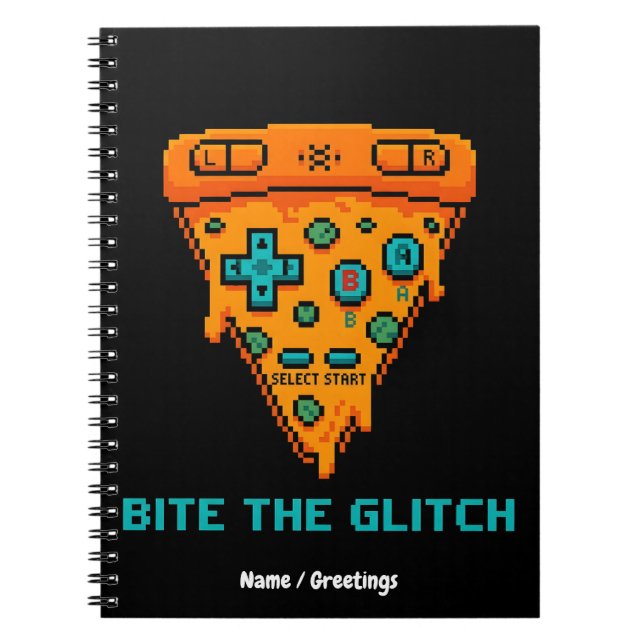 Cuaderno Muerde el Glitch Retro Pizza de 8 Bits Pixel Gamer (Frente)