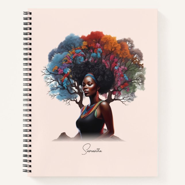 Cuaderno Mujer afroamericana con pelo adornado con árbol (Anverso)