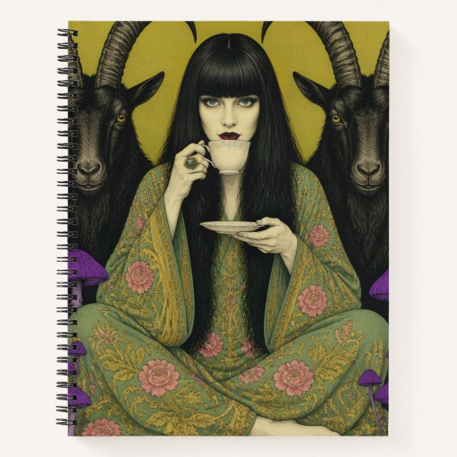 Cuaderno Mujer bebe té con dos cabras negras (Anverso)