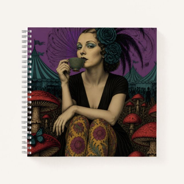 Cuaderno Mujer bebe té en el circo (Anverso)
