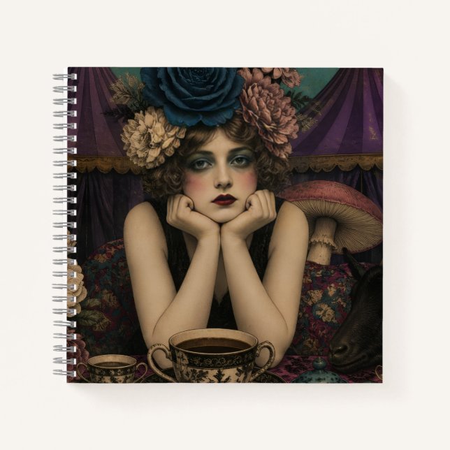Cuaderno Mujer bebe té en el circo con cabra negra (Anverso)