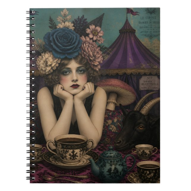Cuaderno Mujer bebe té en el circo con cabra negra (Frente)