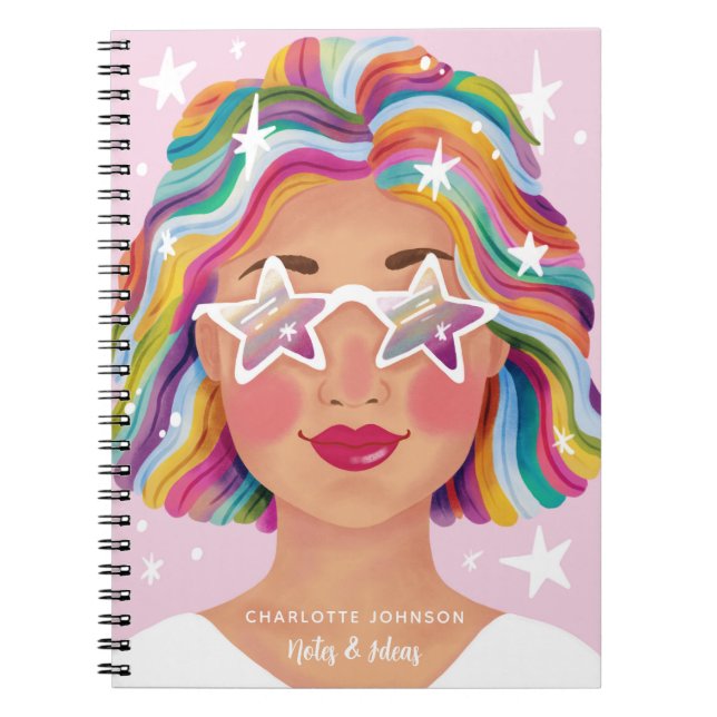 Cuaderno Mujer Bonita Ilustrada Arcoíris Personalizado (Frente)