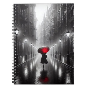 Cuaderno Mujer Con Paraguas Rojo En Lluvia
