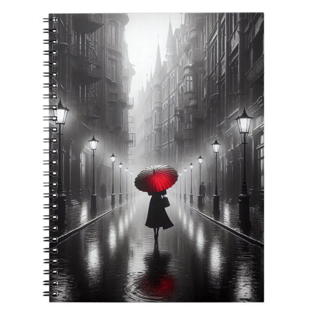 Cuaderno Mujer Con Paraguas Rojo En Lluvia (Frente)
