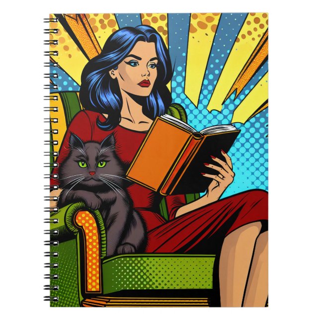 Cuaderno Mujer de cómic de Pop Art leyendo con gato (Frente)