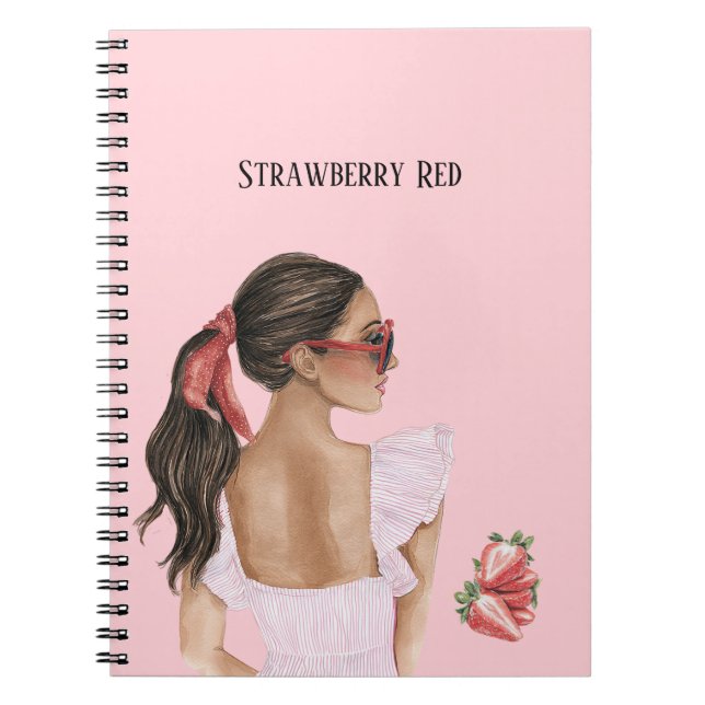 Cuaderno Mujer de pelo castaño fresa roja (Frente)