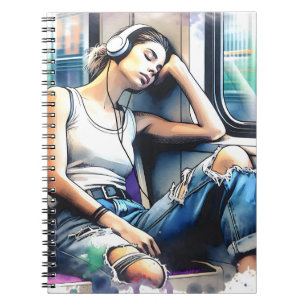 Cuaderno Mujer durmiendo en el metro escuchando música