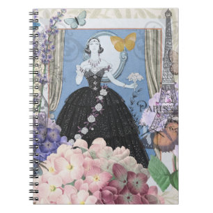 Cuaderno Mujer elegante azul vestido floral de fantasía 
