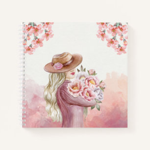 Cuaderno Mujer elegante con peonías Estampa de arte en acua