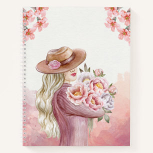 Cuaderno Mujer elegante con peonías Estampa de arte en acua
