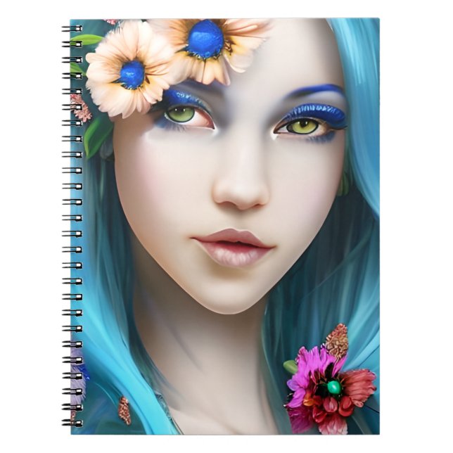 Cuaderno Mujer etérea con flores en el pelo azul (Frente)