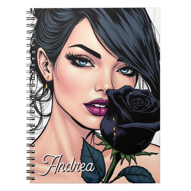 Cuaderno Mujer Gótica Malhumorada Personalizada con Rosa (Frente)