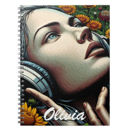 Cuaderno Mujer hermosa con audífonos en girasoles