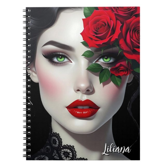 Cuaderno Mujer Hermosa con Rosa Roja Personalizada (Frente)